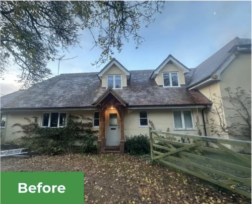 Detached home before roof cleaning with visible moss and stains